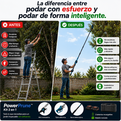 PowerPrune™ Kit 3 en 1 -Poda ramas altas y bajas de forma rápida, segura y sin esfuerzo.